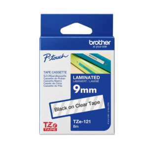 Brother TZe-121 9mm Black on Clear TZe tape for P-touch Label Printers